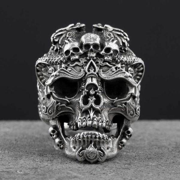 Pure Silver Triple Skull Ring ( Size Adjustable ) - Great Value Novelty 