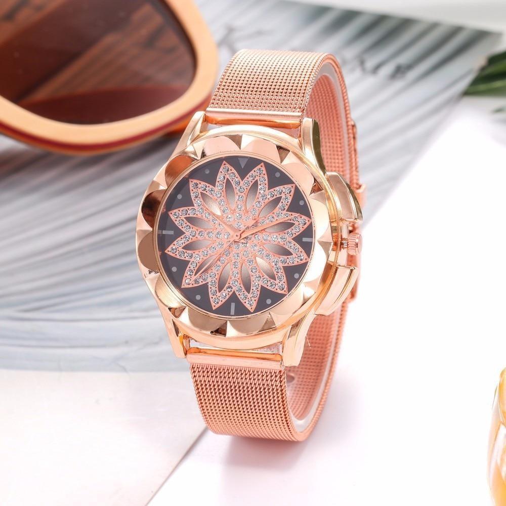 Women's Rose Gold Flower Rhinestone Wrist Watch