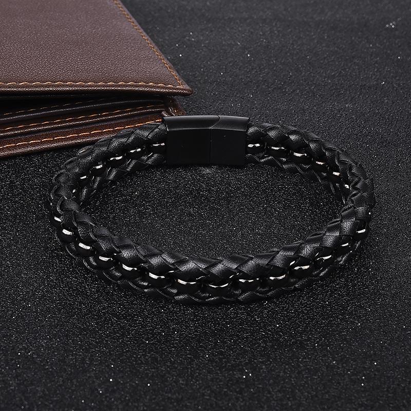 Black Braid Leather Bracelet Black/Gold - Great Value Novelty 