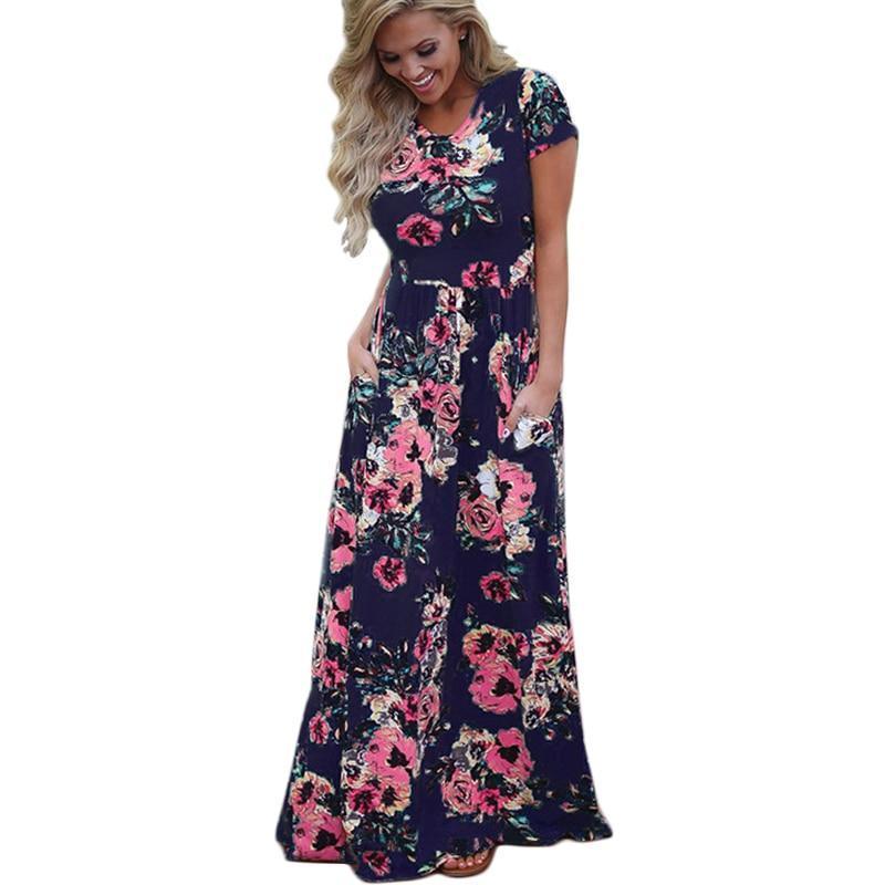 Women Long Maxi Dress 2019 Summer Floral Print Boho Beach Dress Short Sleeve Evening Party Dress Tunic Vestidos Plus Size XXXL jumsuit