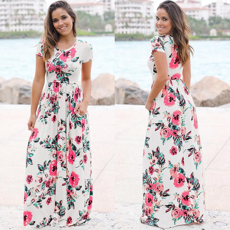 Women Long Maxi Dress 2019 Summer Floral Print Boho Beach Dress Short Sleeve Evening Party Dress Tunic Vestidos Plus Size XXXL jumsuit