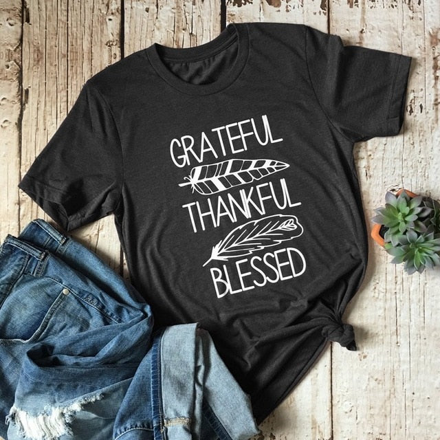 Grateful Blessed Thankful Graphic T-shirt Autumn Thanksgiving Christian Tshirt Women Crewneck Aesthetic Tumblr Slogan Tees Tops