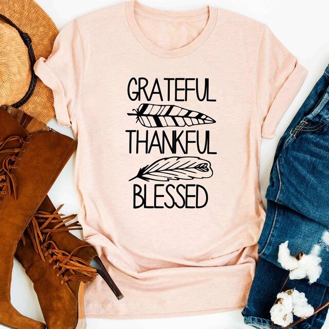 Grateful Blessed Thankful Graphic T-shirt Autumn Thanksgiving Christian Tshirt Women Crewneck Aesthetic Tumblr Slogan Tees Tops