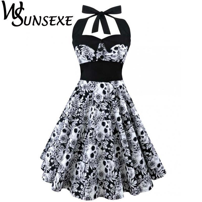 Wsunsexe Retro Vintage Style Sleeveless 3D Skull Floral Printed 2017 Summer Women Dress Halter Plus Size Party Sexy Casual Dress