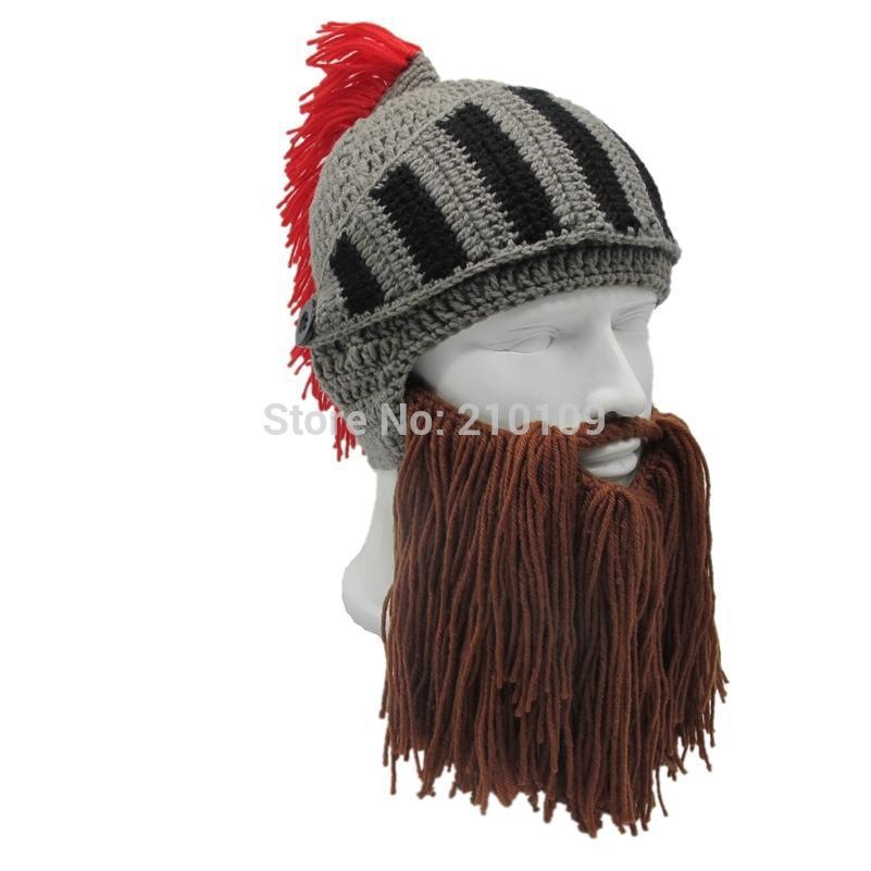 Mr.Kooky Red Tassel Cosplay Roman Knight Knit Helmet Men's Caps Original Barbarian Handmade Winter Warm Beard Hats Funny Beanies - Great Value Novelty 