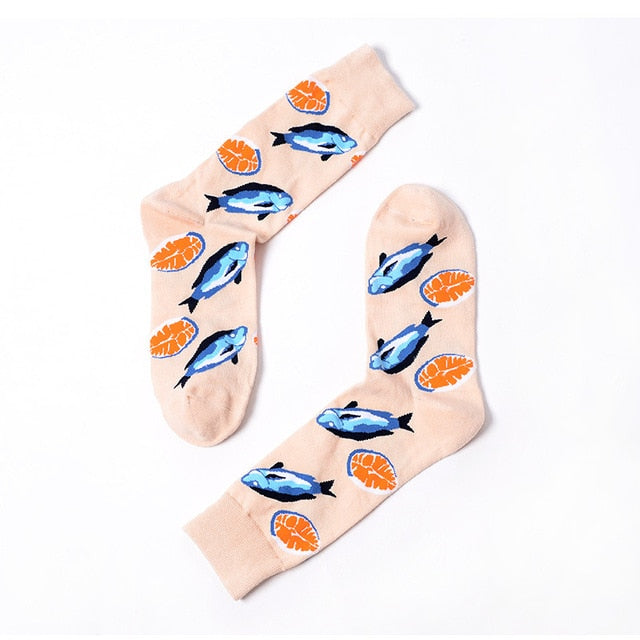 New 5 pair Seafood Pattern Cotton Crew Men Socks Oysters Shell Shrimp Codfish Tide Brand Hip Hop Funny Novelty Funky Harajuku Winter - Great Value Novelty 