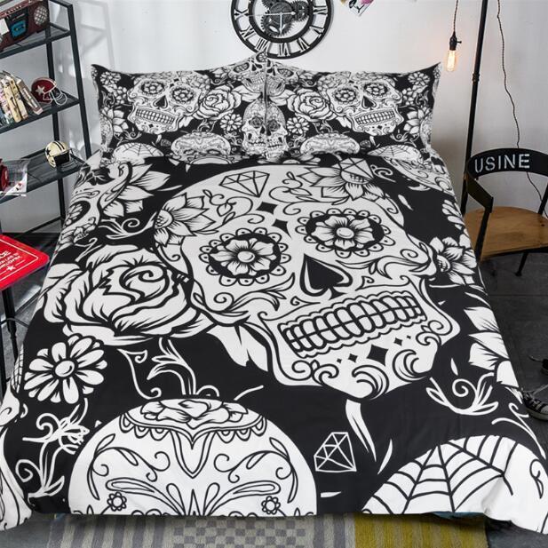 Black and White Bedding Set Skull Print Duvet Cover with Pillowcases - Great Value Novelty 