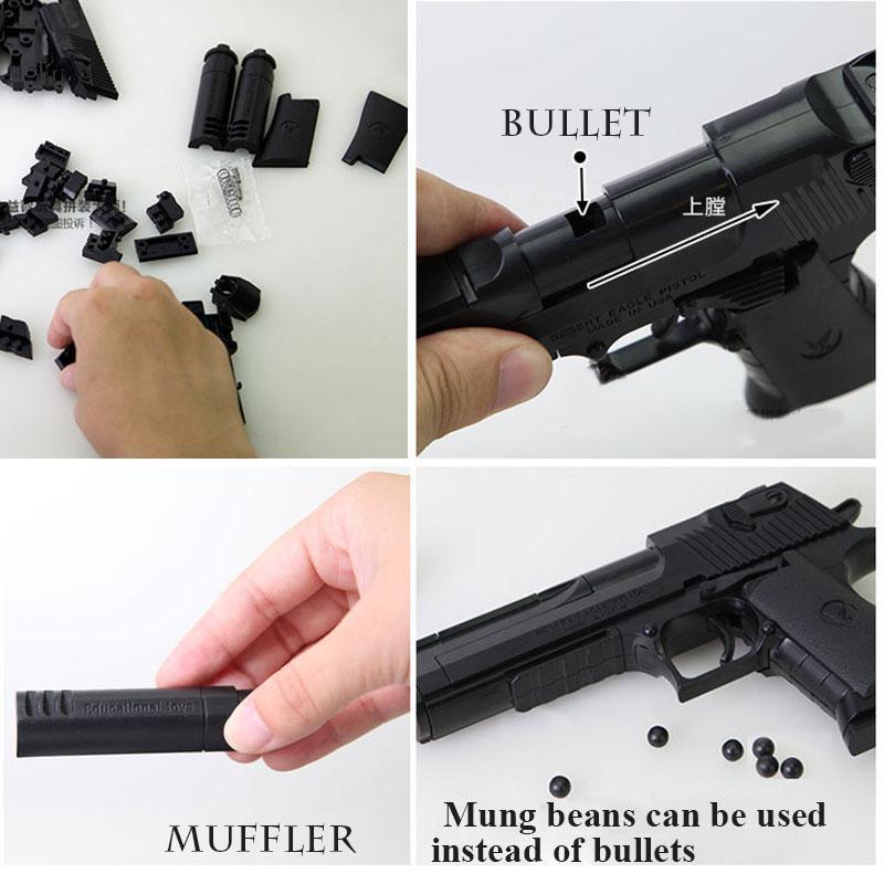 DIY Building Blocks Toy Gun Desert Eagle Assembly Toy Brain Game Model Can Fire Bullets(Mung Bean) with Instruction Book - Great Value Novelty 