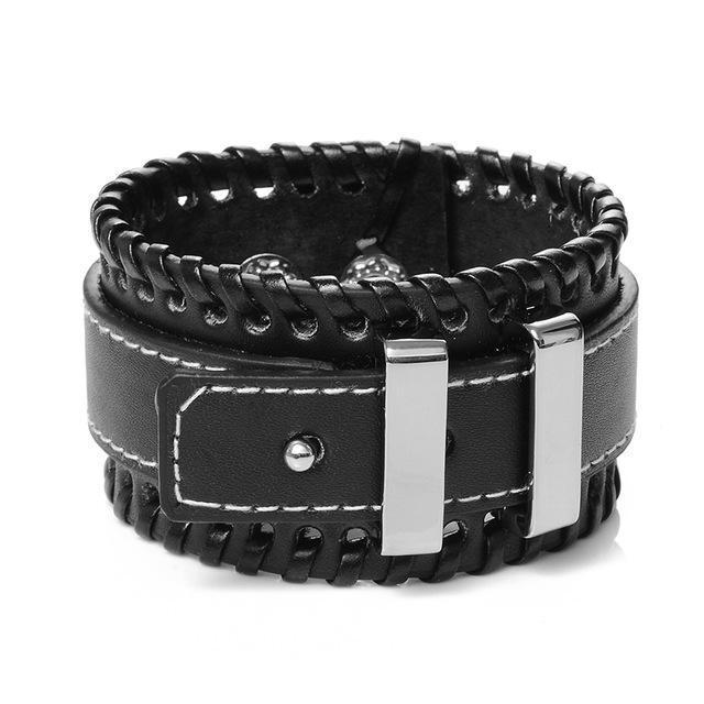 Biker Wide Cuff Leather Bracelet with Adjustable Strap - Great Value Novelty 