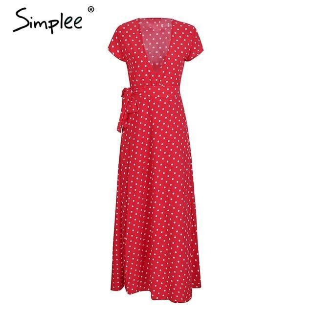 Simplee Deep v neck dots red long women dress Elegant high waist sashes summer dress Sexy maxi black robe femme vestidos 2018 jumpsuit - Great Value Novelty 